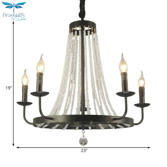 Candle Chandelier Lighting Modern Crystal 5 Bulbs Hanging Ceiling Light In Black For Bedroom