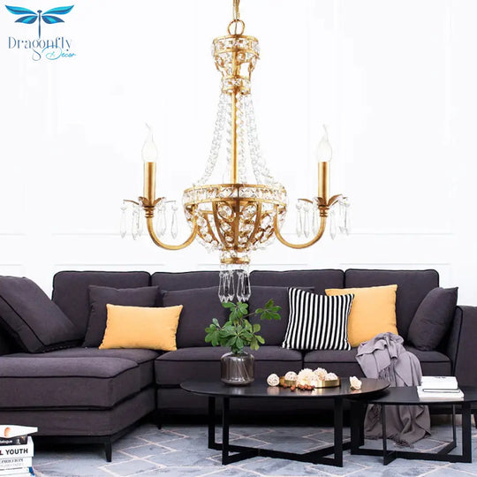 Candle Crystal Chandelier Lamp Country 3 Lights Dining Room Pendant Lighting In Gold