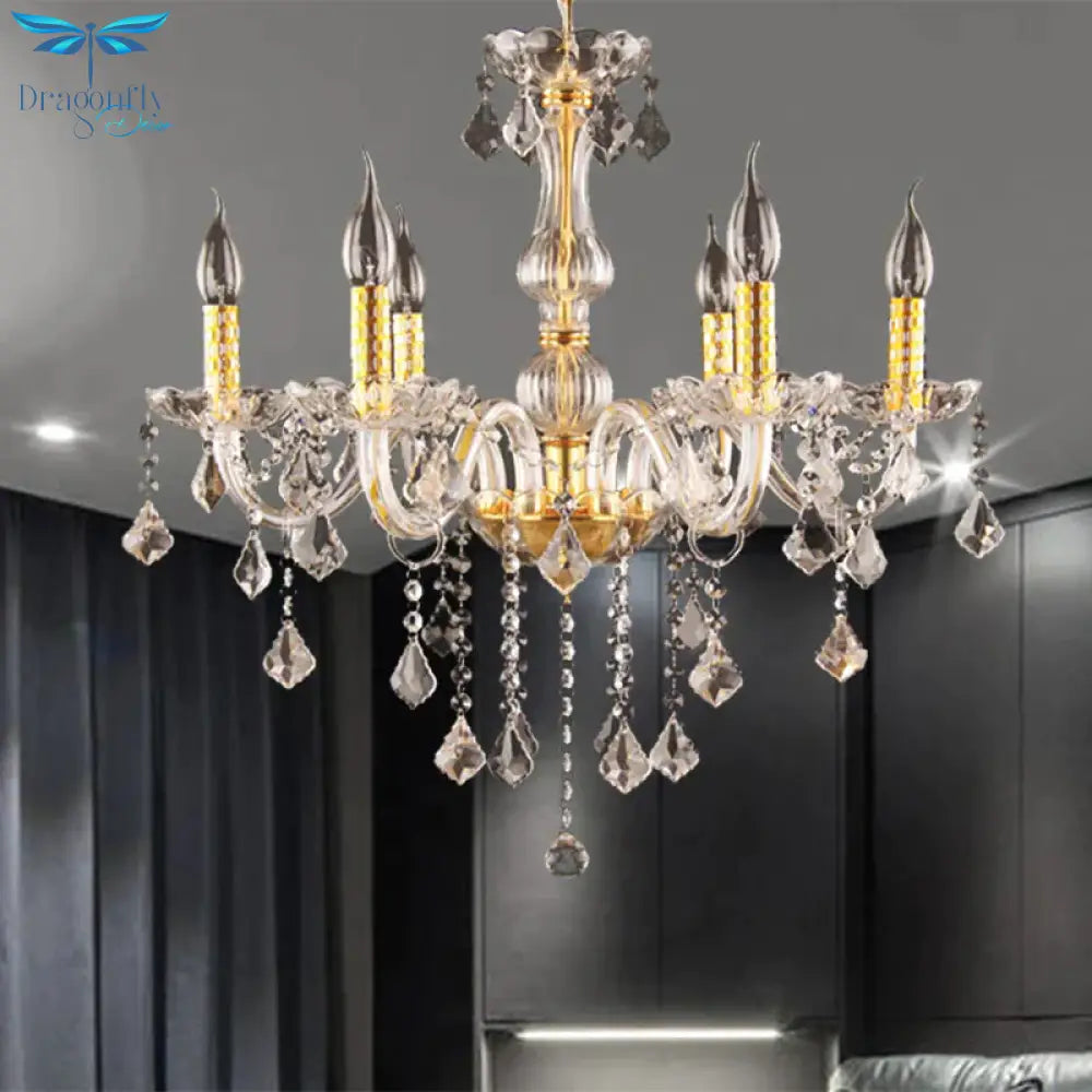 Candle Crystal Orb Chandelier Light Traditional 6 Heads Dining Room Hanging Ceiling In Gold