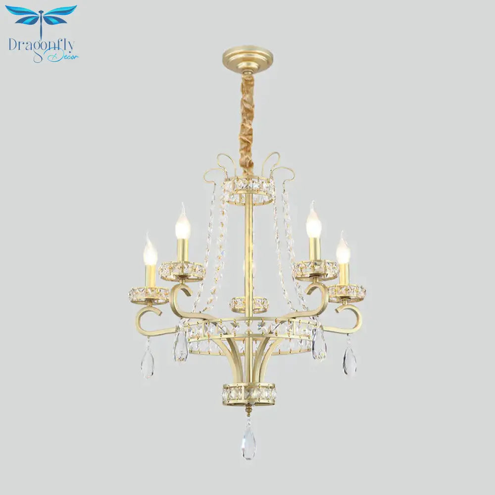 Candle Crystal Teardrops Chandelier Traditional 5 Bulbs Dinning Room Suspension Light In Gold