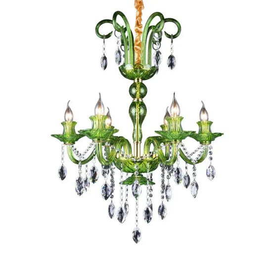 Candle Green Glass Chandelier Lamp Traditional 6 Heads Dining Room Hanging Ceiling Light With