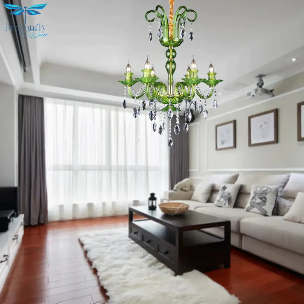 Candle Green Glass Chandelier Lamp Traditional 6 Heads Dining Room Hanging Ceiling Light With