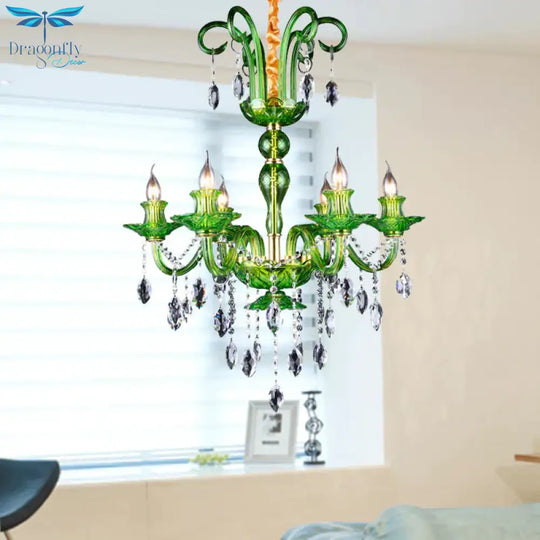 Candle Green Glass Chandelier Lamp Traditional 6 Heads Dining Room Hanging Ceiling Light With