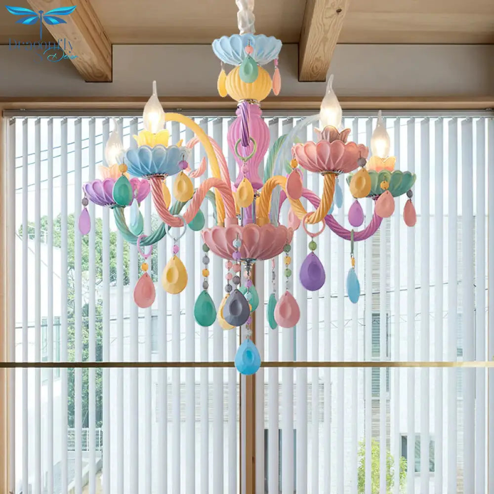 Candle Kid Bedroom Chandelier Glass Macaron Style Multi - Color Suspension Light With Teardrop