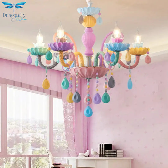 Candle Kid Bedroom Chandelier Glass Macaron Style Multi - Color Suspension Light With Teardrop