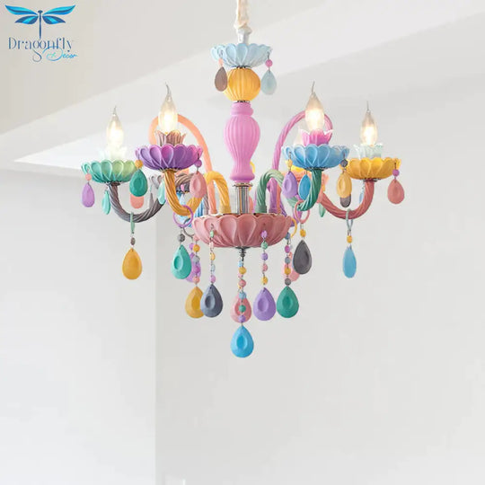 Candle Kid Bedroom Chandelier Glass Macaron Style Multi - Color Suspension Light With Teardrop