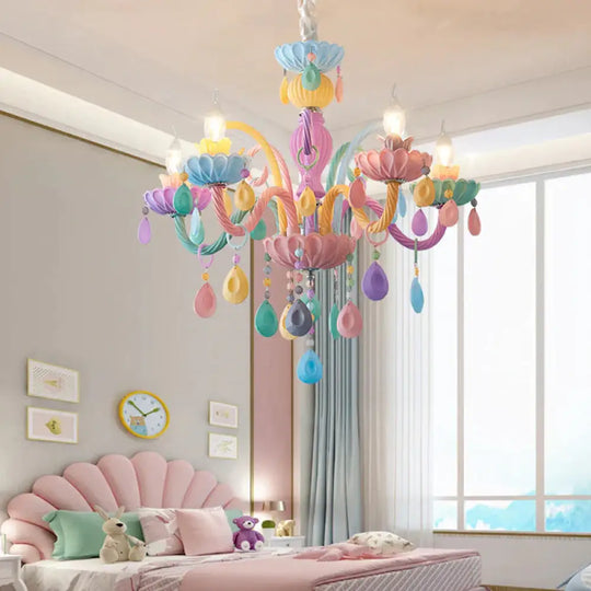 Candle Kid Bedroom Chandelier Glass Macaron Style Multi - Color Suspension Light With Teardrop