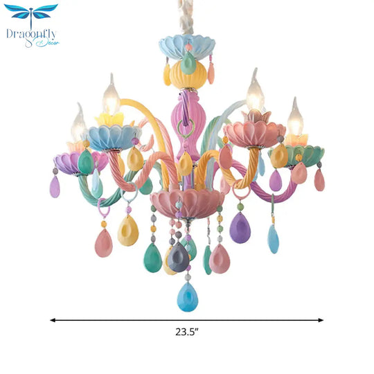 Candle Kid Bedroom Chandelier Glass Macaron Style Multi - Color Suspension Light With Teardrop