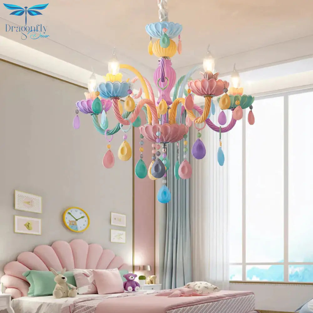 Candle Kid Bedroom Chandelier Glass Macaron Style Multi - Color Suspension Light With Teardrop