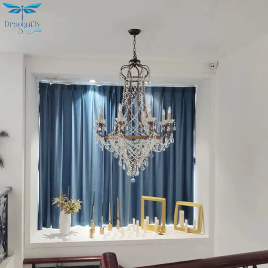 Candle Living Room Chandelier Lamp Countryside Crystal 8 Lights Brass Pendant Ceiling Light