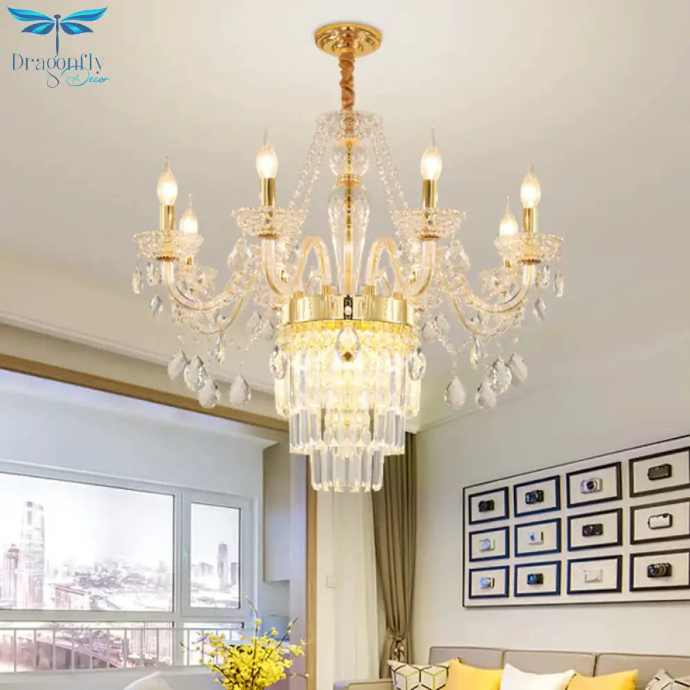 Candle Living Room Chandelier Lighting Traditional Clear Crystal 6 Lights Chrome/Gold Hanging Lamp