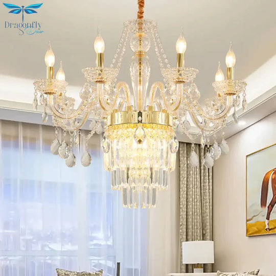 Candle Living Room Chandelier Lighting Traditional Clear Crystal 6 Lights Chrome/Gold Hanging Lamp