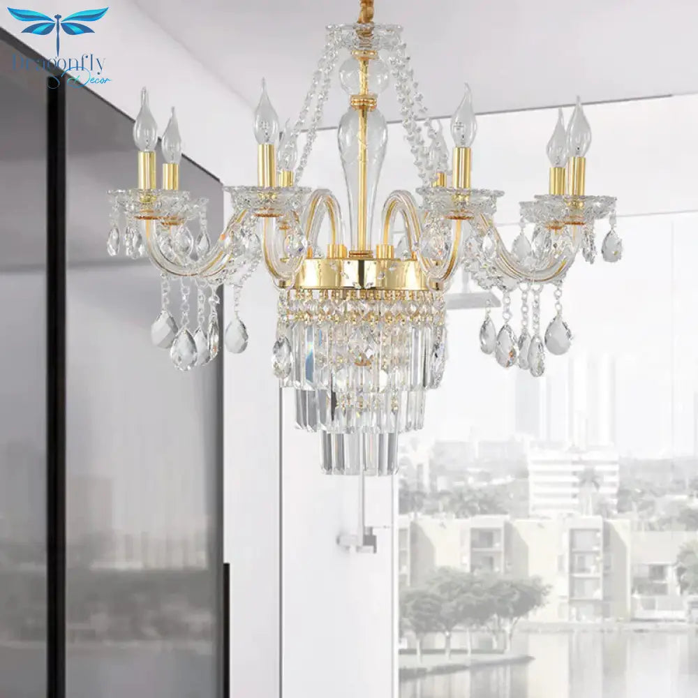 Candle Living Room Chandelier Lighting Traditional Clear Crystal 6 Lights Chrome/Gold Hanging Lamp