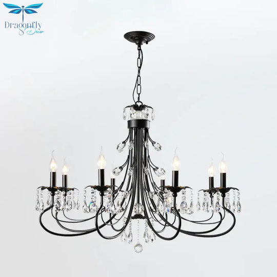 Candle Living Room Pendant Traditionalism Beveled Crystal Prism 6/8 Bulbs Black Chandelier
