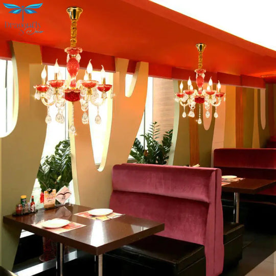 Candle Restaurant Hanging Lamp Kit Traditional Crystal Drip 6/8 Lights Red Chandelier Lighting