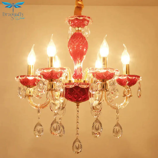 Candle Restaurant Hanging Lamp Kit Traditional Crystal Drip 6/8 Lights Red Chandelier Lighting