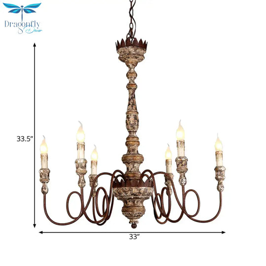 Candle Wooden Pendant Lighting Traditional 6 - Bulb Living Room Chandelier Light With Swirling Arm