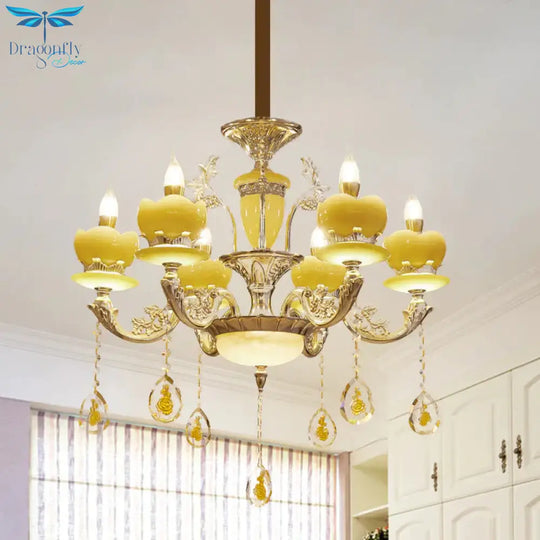 Candlestick Bedroom Hanging Light Mid Century Jade 6 Lights Gold Chandelier With Crystal Draping
