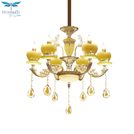 Candlestick Bedroom Hanging Light Mid Century Jade 6 Lights Gold Chandelier With Crystal Draping