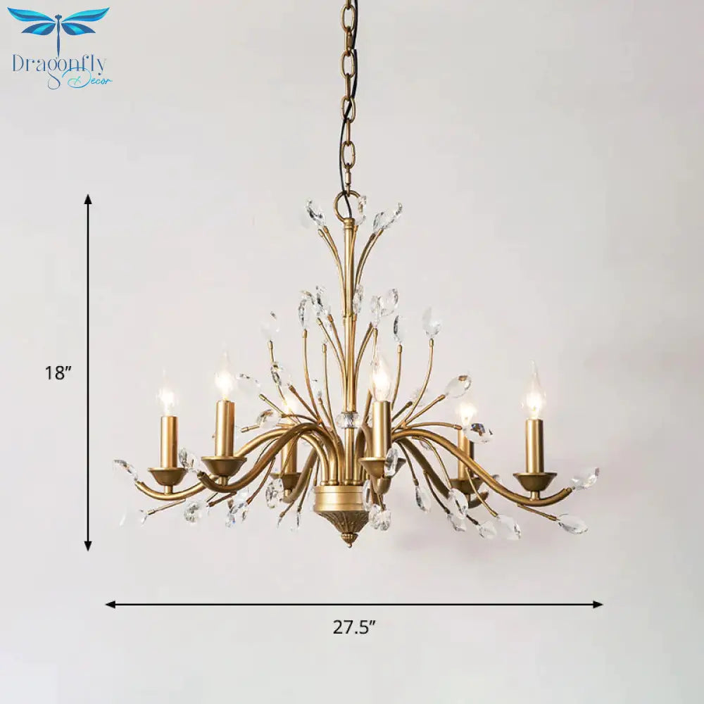 Candlestick Bedroom Pendant Light Vintage Metal 6 Bulbs Gold Chandelier With Crystal Decor