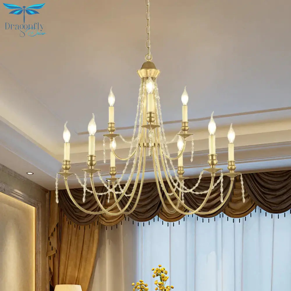 Candlestick Hanging Light Kit Countryside Crystal Swag 9 Lights Gold Finish Chandelier Lamp Fixture