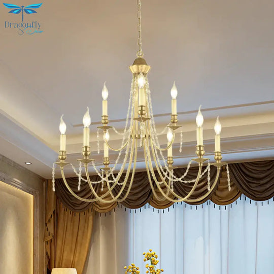 Candlestick Hanging Light Kit Countryside Crystal Swag 9 Lights Gold Finish Chandelier Lamp Fixture