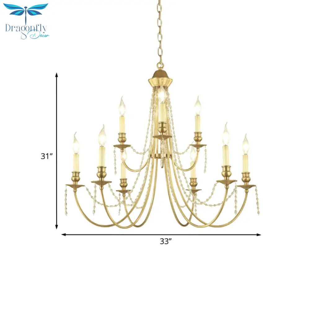 Candlestick Hanging Light Kit Countryside Crystal Swag 9 Lights Gold Finish Chandelier Lamp Fixture
