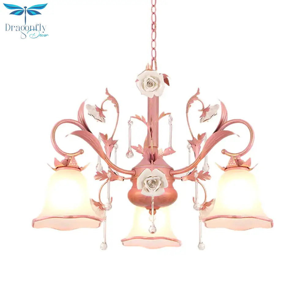 Carillon Milky Glass Hanging Pendant Pastoral 3/5 Lights Bedroom Chandelier Lighting With Pink
