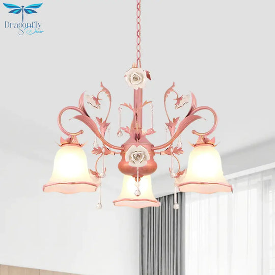 Carillon Milky Glass Hanging Pendant Pastoral 3/5 Lights Bedroom Chandelier Lighting With Pink