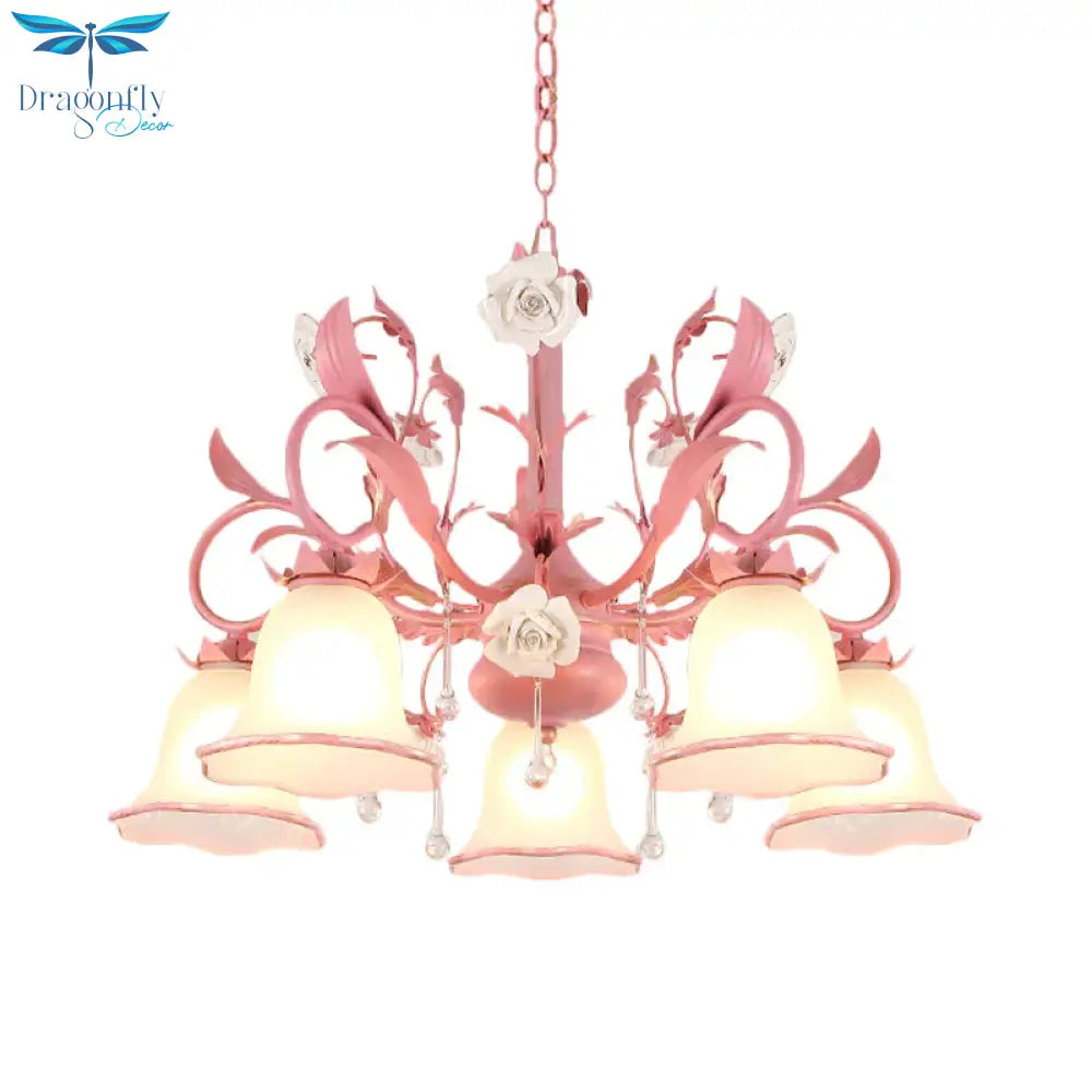 Carillon Milky Glass Hanging Pendant Pastoral 3/5 Lights Bedroom Chandelier Lighting With Pink