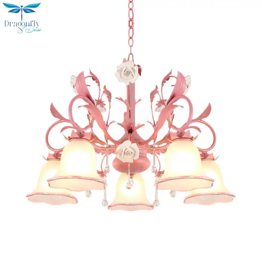 Carillon Milky Glass Hanging Pendant Pastoral 3/5 Lights Bedroom Chandelier Lighting With Pink