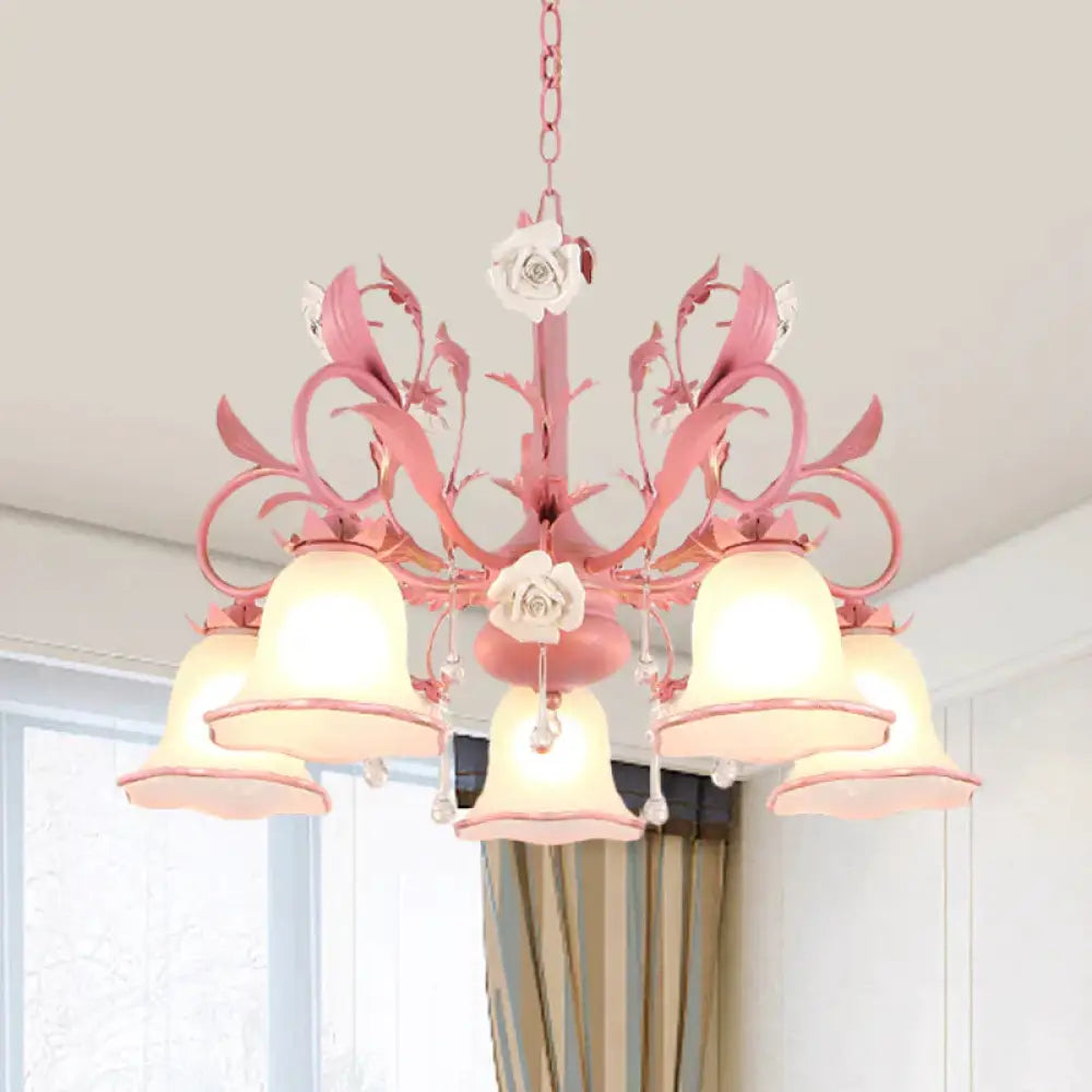 Carillon Milky Glass Hanging Pendant Pastoral 3/5 Lights Bedroom Chandelier Lighting With Pink