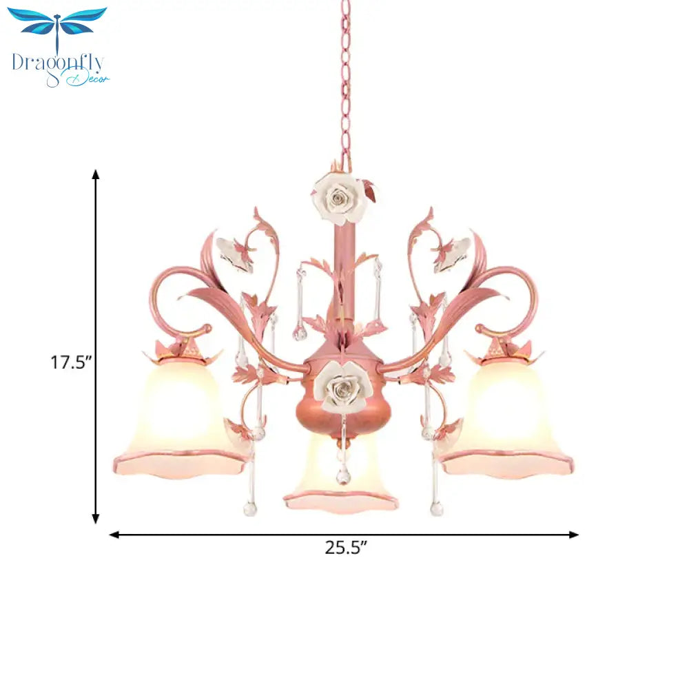 Carillon Milky Glass Hanging Pendant Pastoral 3/5 Lights Bedroom Chandelier Lighting With Pink