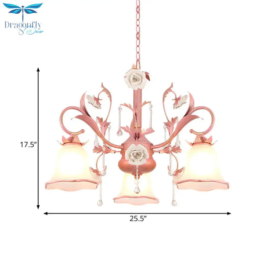 Carillon Milky Glass Hanging Pendant Pastoral 3/5 Lights Bedroom Chandelier Lighting With Pink