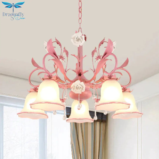 Carillon Milky Glass Hanging Pendant Pastoral 3/5 Lights Bedroom Chandelier Lighting With Pink