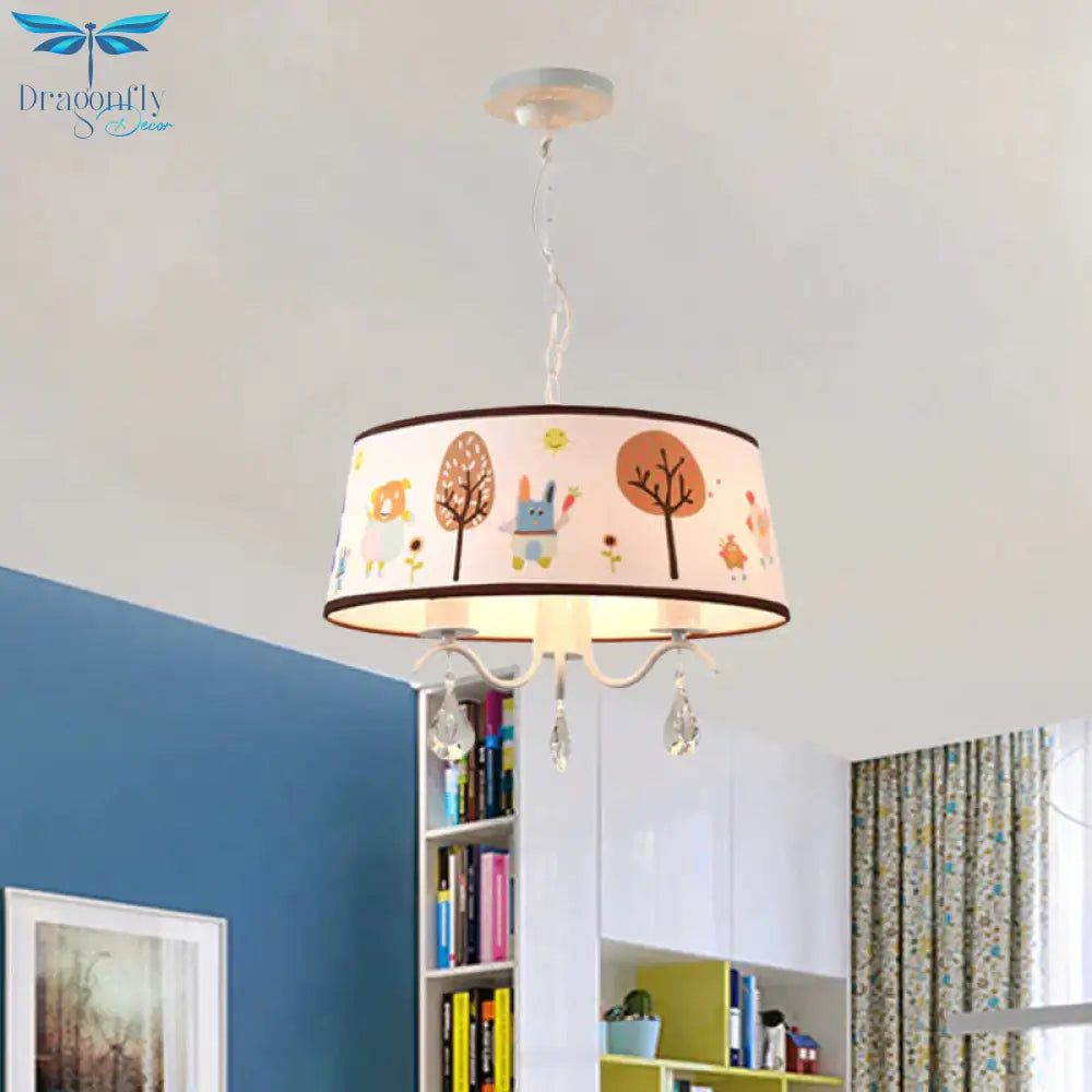 Cartoon 3/5 Heads Chandelier White Drum Pendant With Forest Pattern Fabric Shade And Crystal Drop