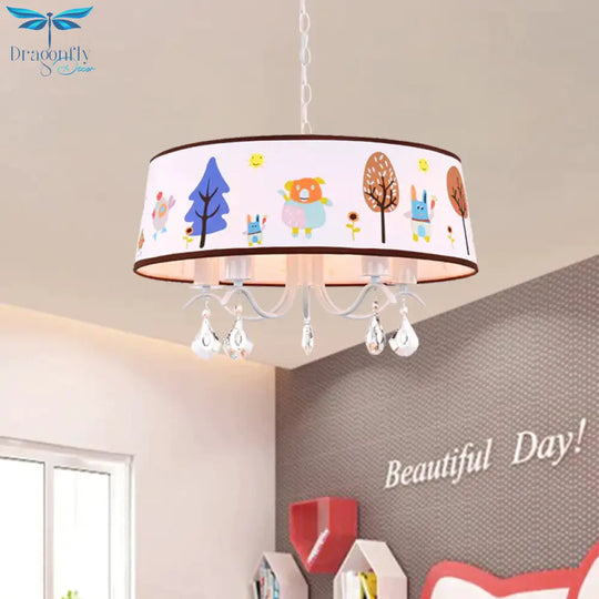 Cartoon 3/5 Heads Chandelier White Drum Pendant With Forest Pattern Fabric Shade And Crystal Drop
