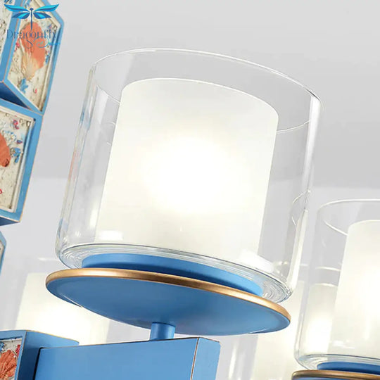 Cartoon Cylinder Pendant Lamp With Shell Deco Metal 4 Lights Blue Chandelier For Kindergarten