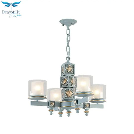 Cartoon Cylinder Pendant Lamp With Shell Deco Metal 4 Lights Blue Chandelier For Kindergarten