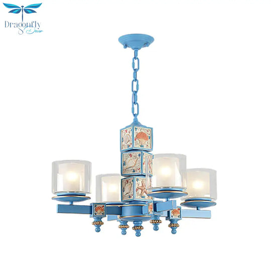 Cartoon Cylinder Pendant Lamp With Shell Deco Metal 4 Lights Blue Chandelier For Kindergarten