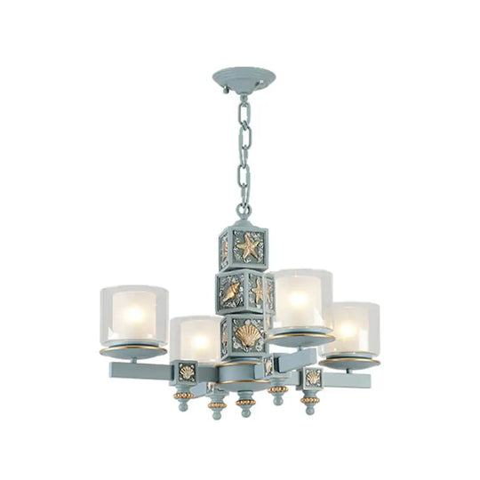 Cartoon Cylinder Pendant Lamp With Shell Deco Metal 4 Lights Blue Chandelier For Kindergarten Light