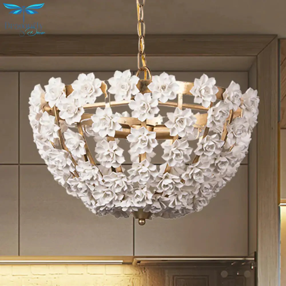 Ceramic Flowers 3 Bulbs Hanging Ceiling Light