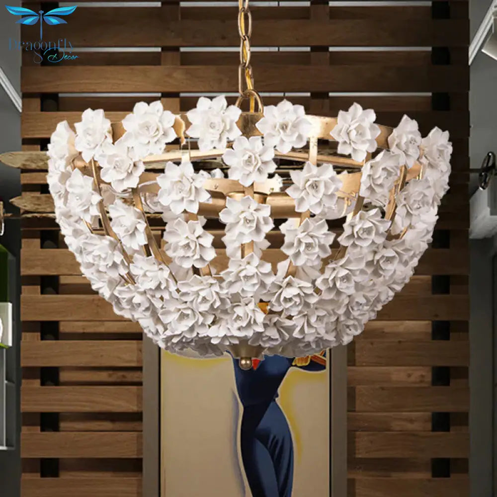 Ceramic Flowers 3 Bulbs Hanging Ceiling Light