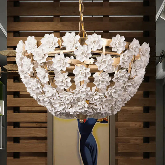 Ceramic Flowers 3 Bulbs Hanging Ceiling Light Gold / 16’