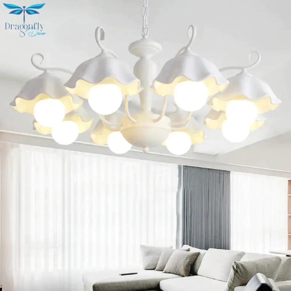 Ceramic White Pendant Lamp Flower 3/6/8 Lights Classic Chandelier Light Fixture For Living Room