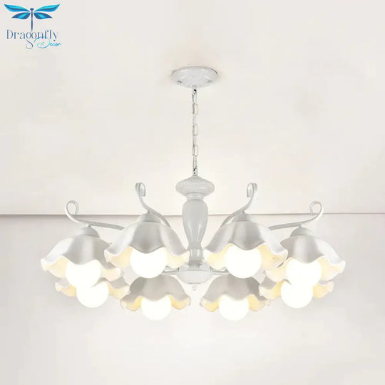 Ceramic White Pendant Lamp Flower 3/6/8 Lights Classic Chandelier Light Fixture For Living Room