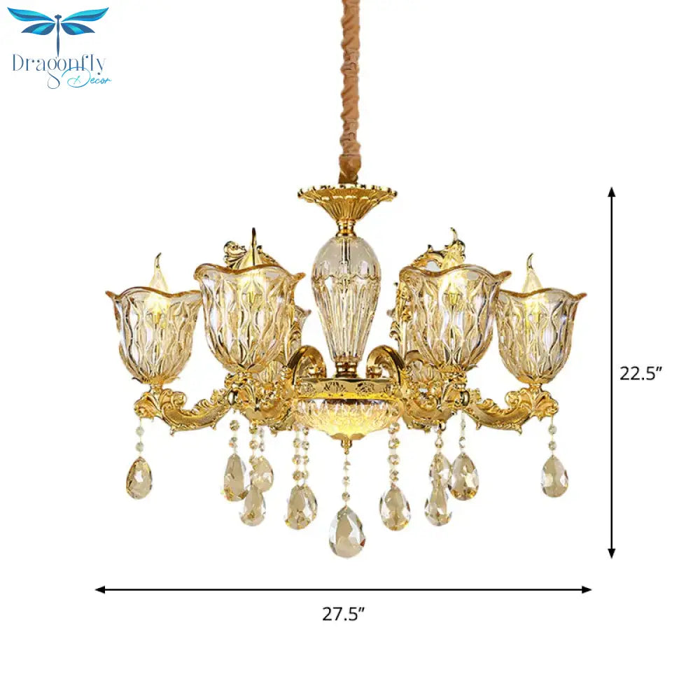 Champagne 6/8 Heads Chandelier Modernism Amber Crystal Flower Hanging Light Fixture With Carved Arm