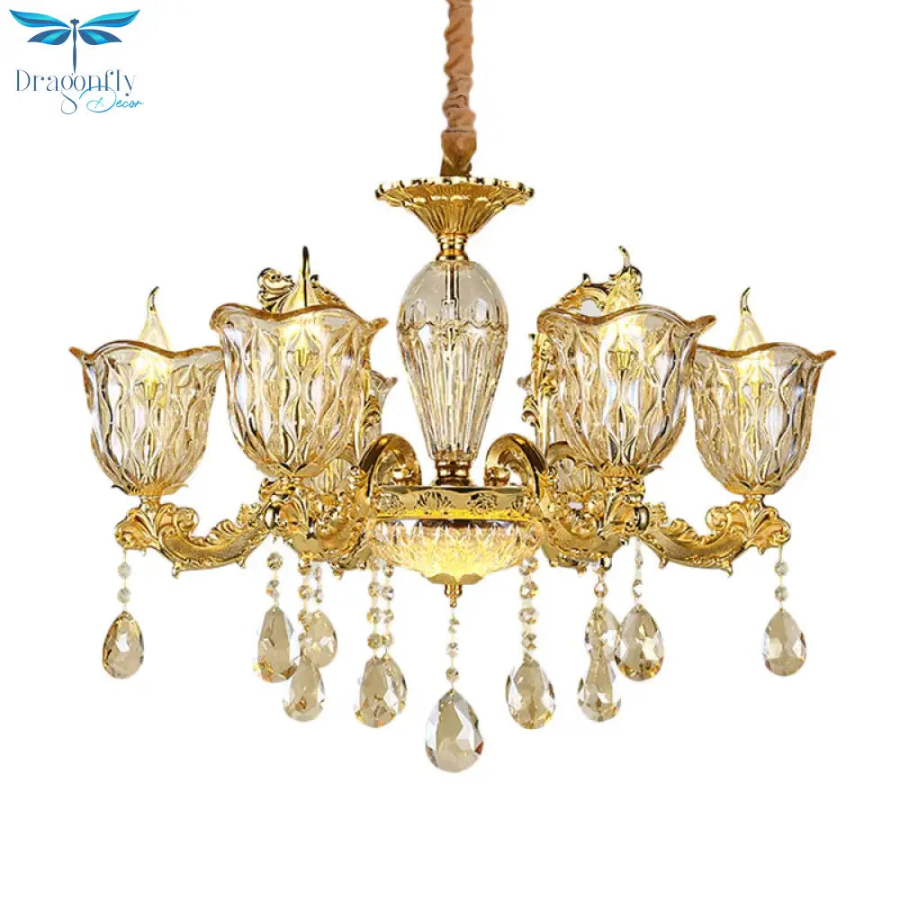 Champagne 6/8 Heads Chandelier Modernism Amber Crystal Flower Hanging Light Fixture With Carved Arm