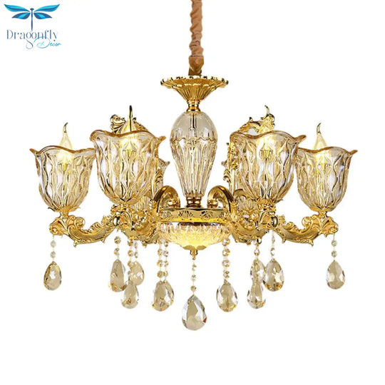 Champagne 6/8 Heads Chandelier Modernism Amber Crystal Flower Hanging Light Fixture With Carved Arm
