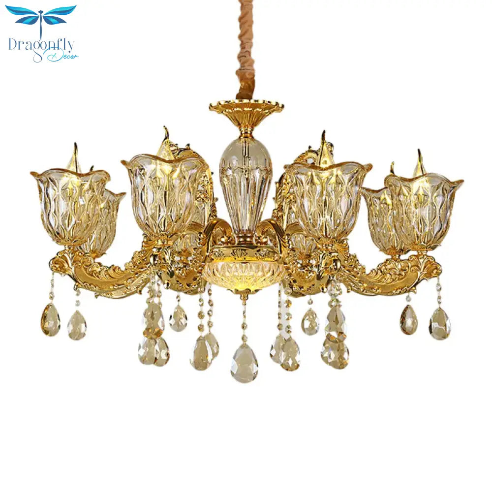 Champagne 6/8 Heads Chandelier Modernism Amber Crystal Flower Hanging Light Fixture With Carved Arm